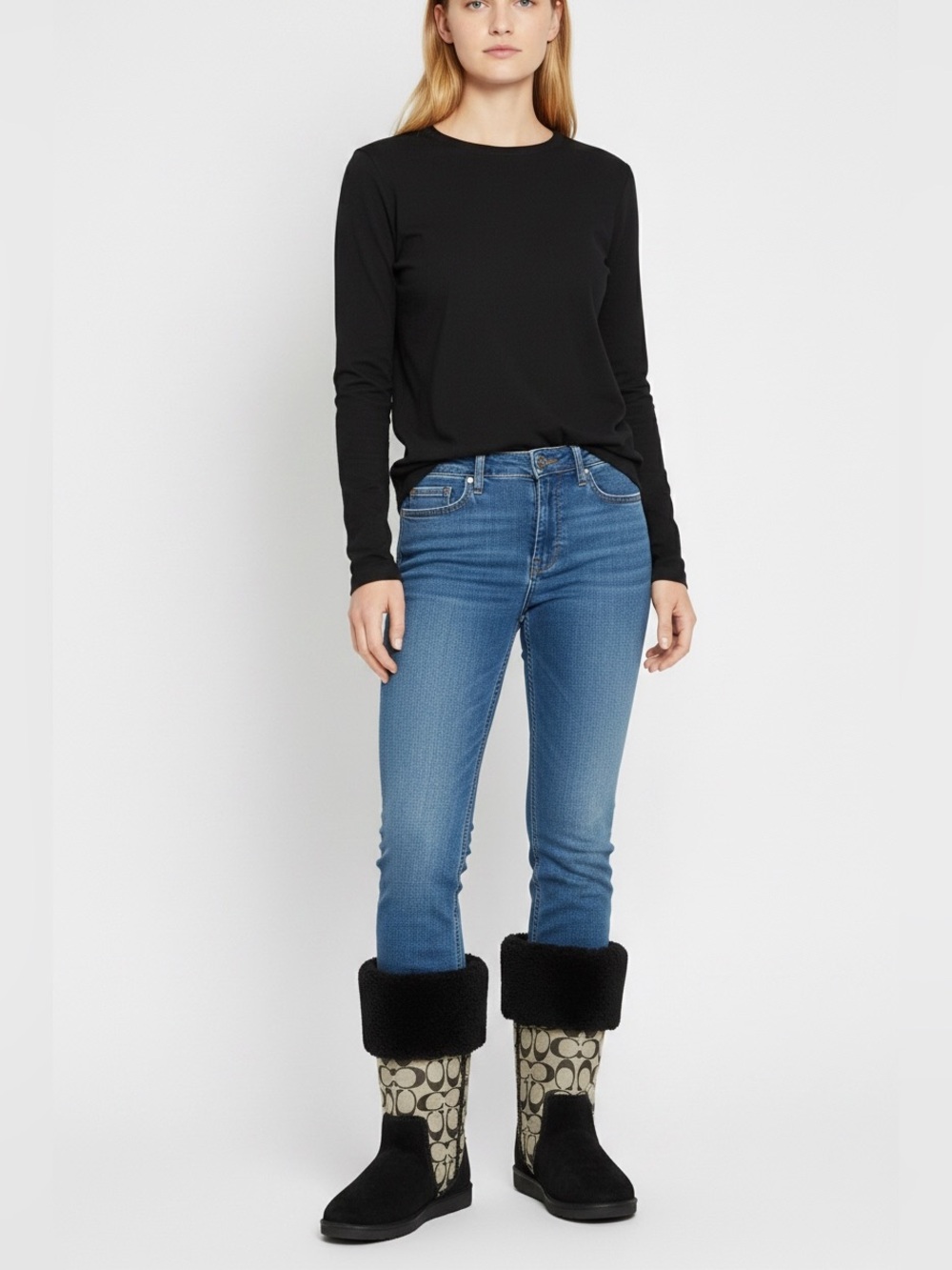 Coach Kelly Signature Jacquard Suede and Faux Fur Fold Over Cuff Boots. SZ.8.5 B